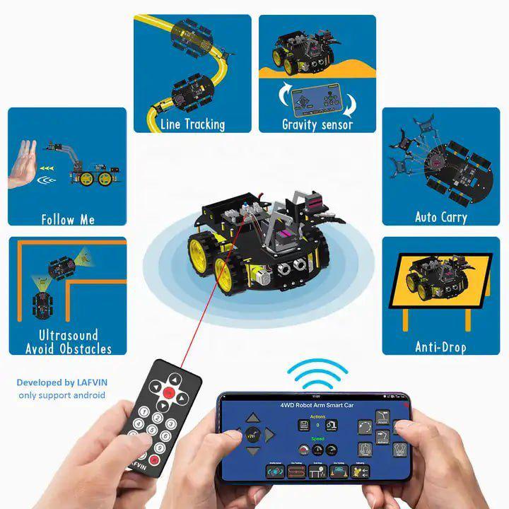 LAFVIN Mechanical 4WD Robot Arm Smart Car Kit